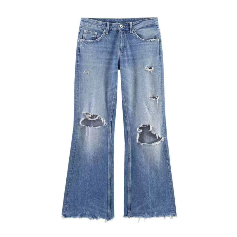ZARA Fall Chic Versatile Ripped Mid Rise Flare Jeans - Picture 2 of 4